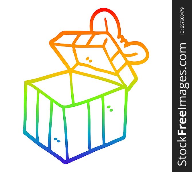 rainbow gradient line drawing of a cartoon open gift box
