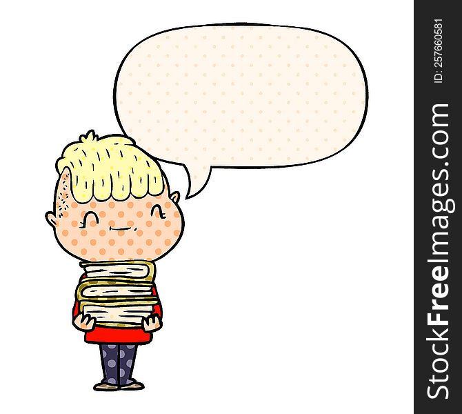 Cartoon Friendly Boy And Books And Speech Bubble In Comic Book Style