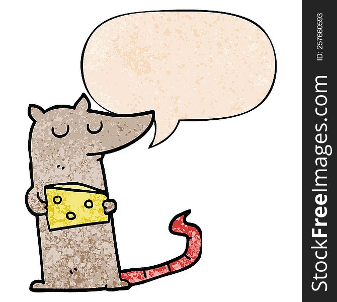 Cartoon Mouse And Cheese And Speech Bubble In Retro Texture Style
