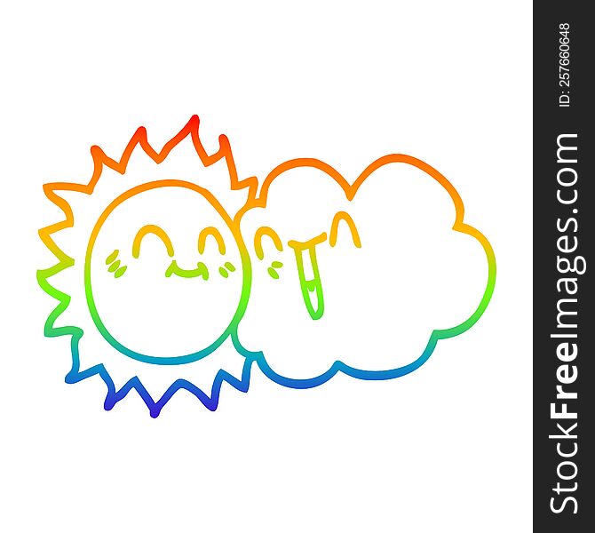 Rainbow Gradient Line Drawing Cartoon Happy Sunshine And Cloud