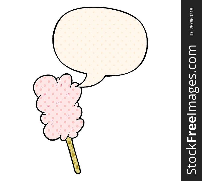 cartoon candy floss on stick with speech bubble in comic book style