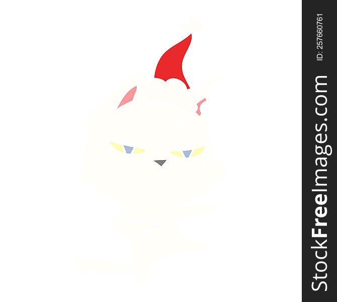 Tough Flat Color Illustration Of A Cat Wearing Santa Hat