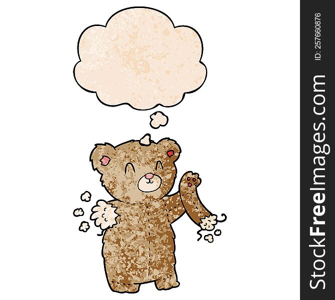 cartoon teddy bear with torn arm with thought bubble in grunge texture style. cartoon teddy bear with torn arm with thought bubble in grunge texture style