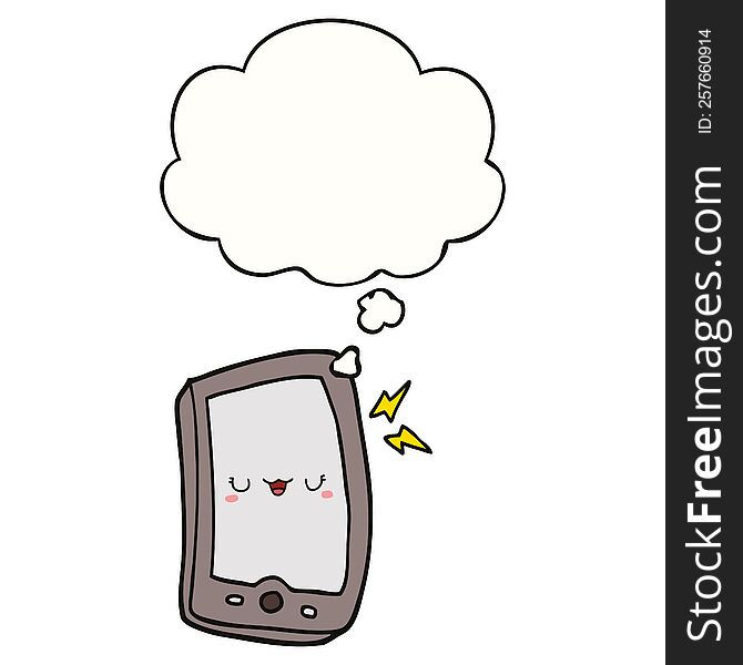 cute cartoon mobile phone with thought bubble