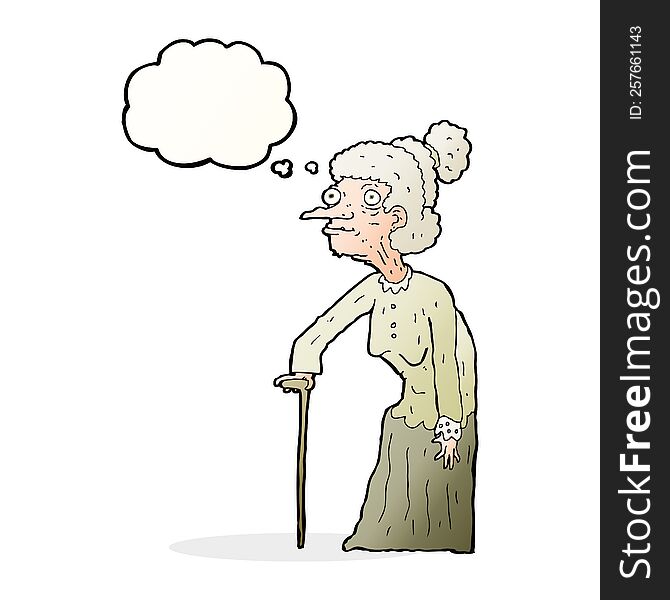 cartoon old woman with thought bubble