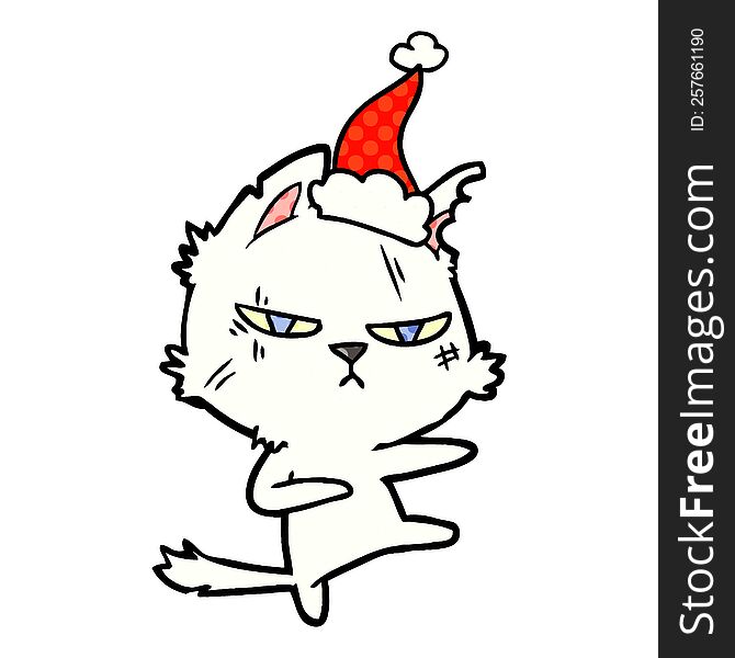 Tough Comic Book Style Illustration Of A Cat Wearing Santa Hat