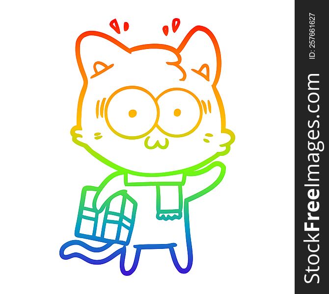 Rainbow Gradient Line Drawing Cartoon Surprised Cat With Christmas Present