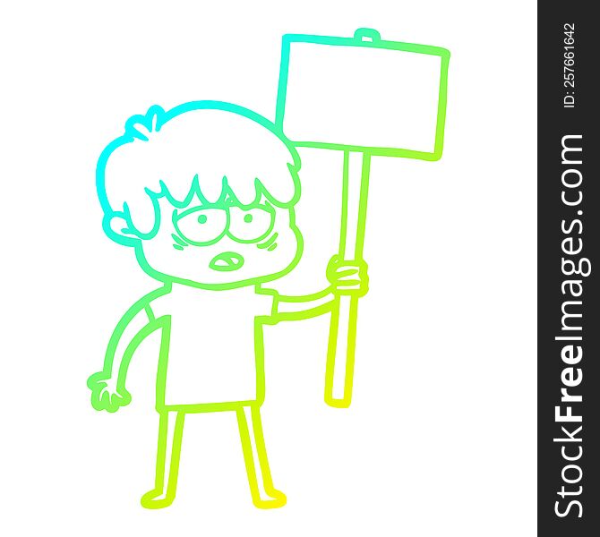 cold gradient line drawing cartoon exhausted boy with placard