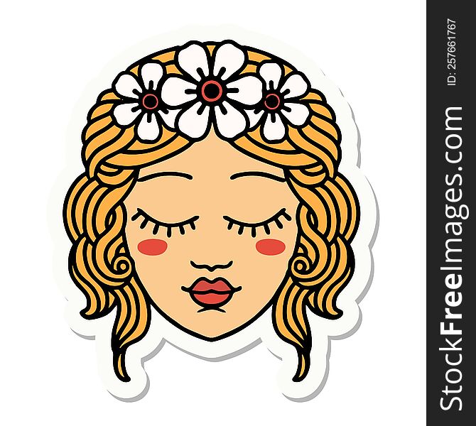 sticker of tattoo in traditional style of female face with eyes closed. sticker of tattoo in traditional style of female face with eyes closed