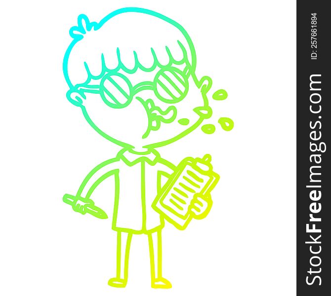 cold gradient line drawing cartoon boy wearing spectacles with clip board