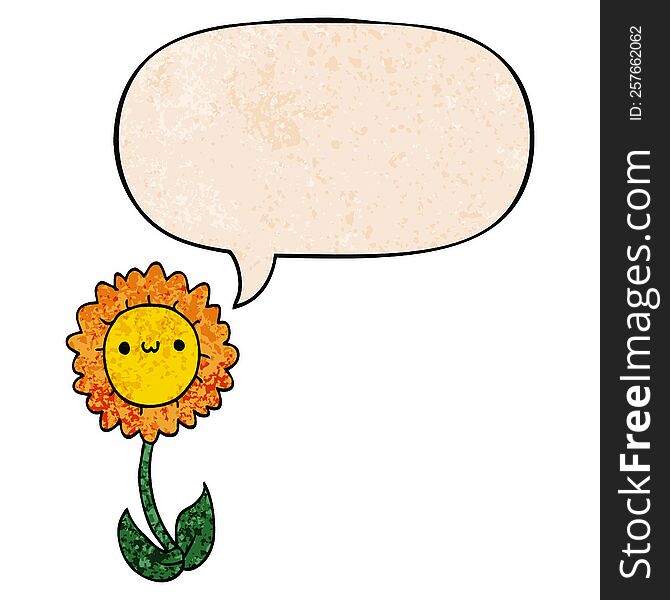 cartoon flower with speech bubble in retro texture style