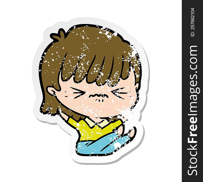 Distressed Sticker Of A Annoyed Cartoon Girl Falling Over