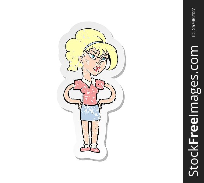 Retro Distressed Sticker Of A Cartoon Woman With Hands On Hips