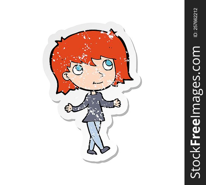 Retro Distressed Sticker Of A Cartoon Girl With No Worries