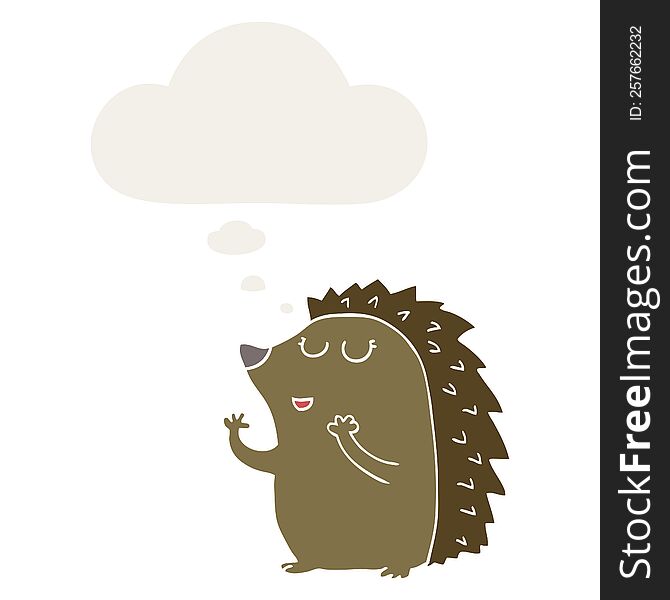 cartoon hedgehog with thought bubble in retro style