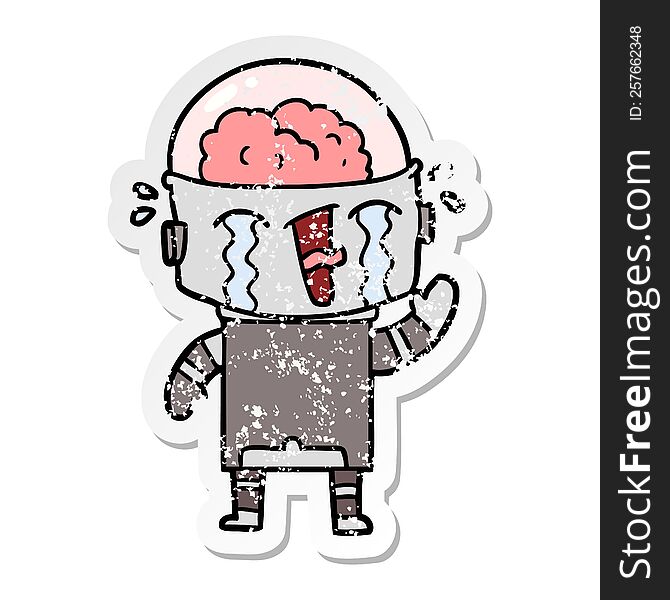 Distressed Sticker Of A Cartoon Crying Robot Waving