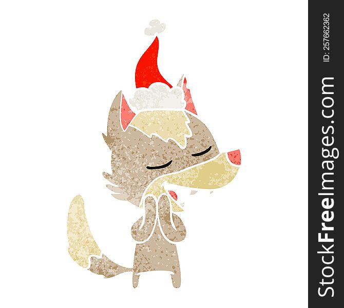 Retro Cartoon Of A Wolf Laughing Wearing Santa Hat