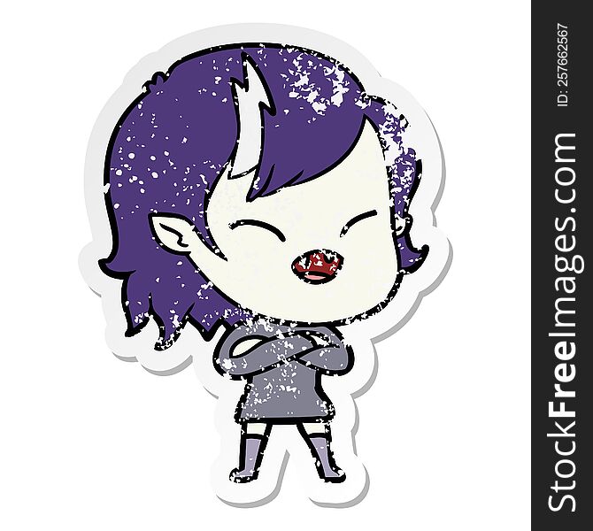 distressed sticker of a cartoon laughing vampire girl with crossed arms