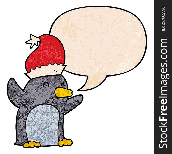 cute cartoon christmas penguin with speech bubble in retro texture style