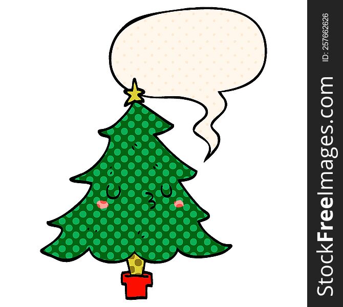 cute cartoon christmas tree with speech bubble in comic book style