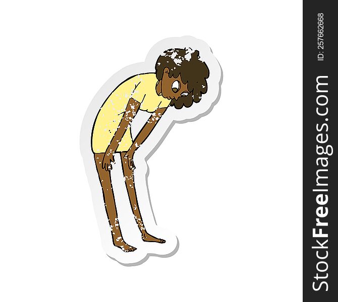 retro distressed sticker of a cartoon woman looking at her feet