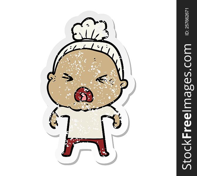 Distressed Sticker Of A Cartoon Angry Old Woman