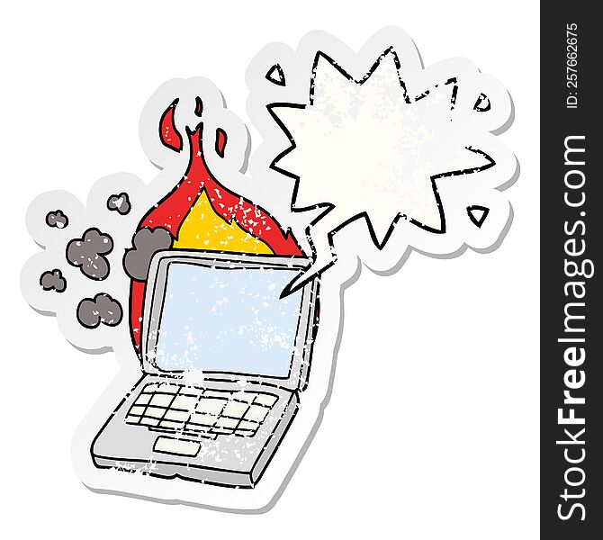 Cartoon Broken Laptop Computer And Speech Bubble Distressed Sticker
