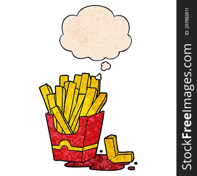 Cartoon Fries And Thought Bubble In Grunge Texture Pattern Style