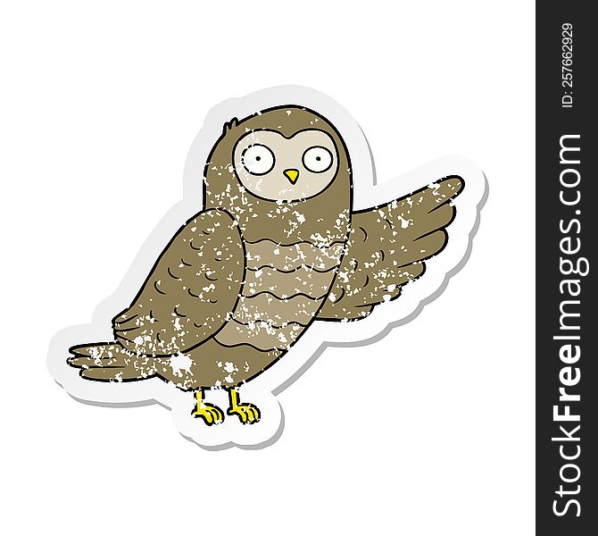Distressed Sticker Of A Cartoon Owl Pointing