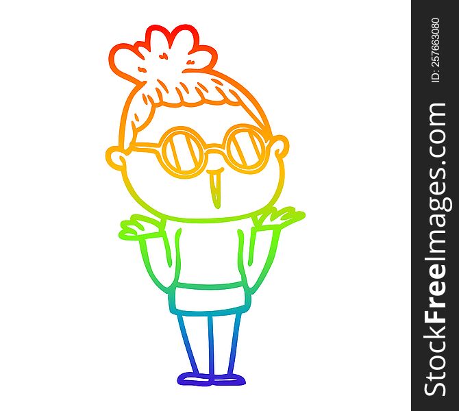 rainbow gradient line drawing of a cartoon shrugging woman wearing spectacles