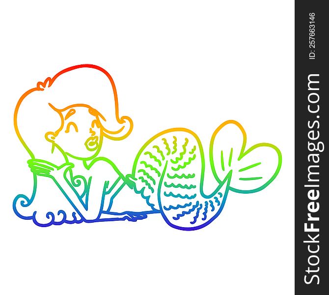Rainbow Gradient Line Drawing Cartoon Mermaid