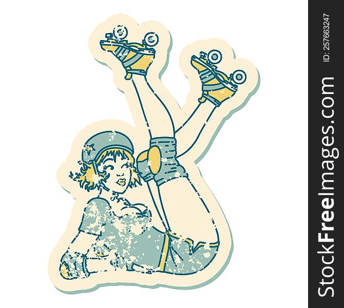 Distressed Sticker Tattoo Style Icon Of A Pinup Roller Derby Girl