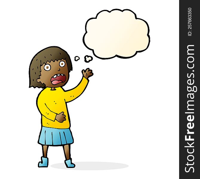 cartoon stressed out woman with thought bubble