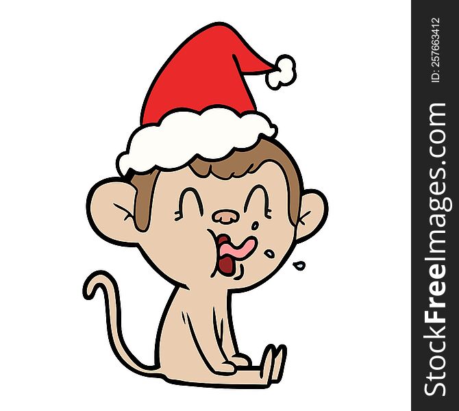 crazy hand drawn line drawing of a monkey sitting wearing santa hat. crazy hand drawn line drawing of a monkey sitting wearing santa hat