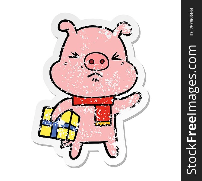 Distressed Sticker Of A Cartoon Angry Pig With Christmas Present