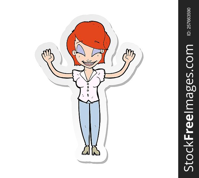 sticker of a cartoon pretty woman with hands in air