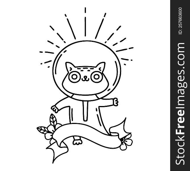 scroll banner with black line work tattoo style cat in astronaut suit