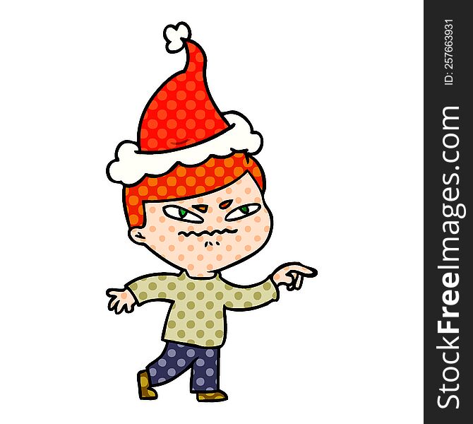 hand drawn comic book style illustration of a angry man pointing wearing santa hat
