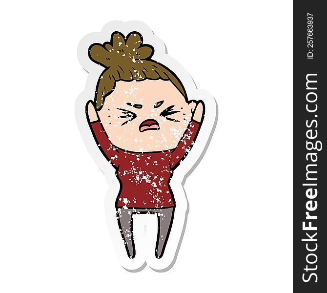 Distressed Sticker Of A Cartoon Angry Woman