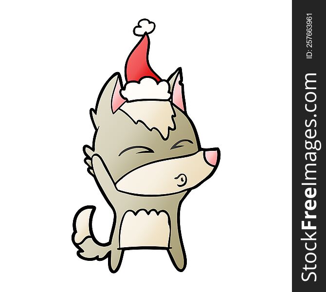 Gradient Cartoon Of A Wolf Whistling Wearing Santa Hat