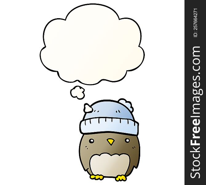 Cute Cartoon Owl In Hat And Thought Bubble In Smooth Gradient Style