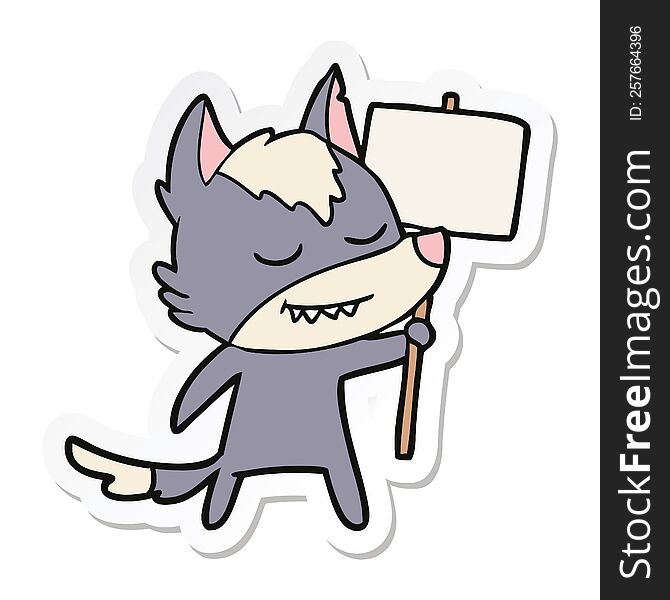 sticker of a friendly cartoon wolf with blank sign