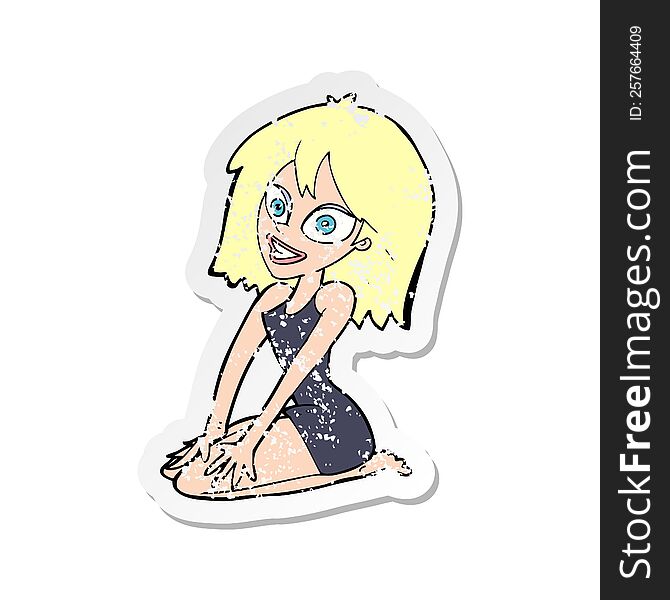 retro distressed sticker of a cartoon happy woman in dress