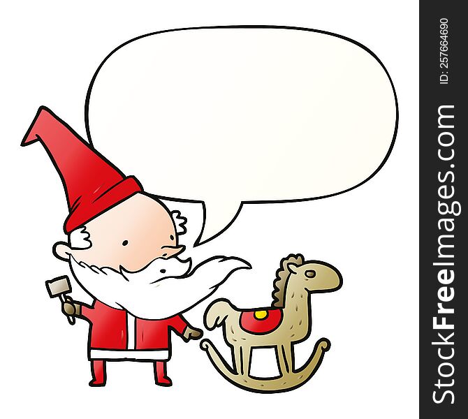 cartoon santa (or elf) making a rocking horse with speech bubble in smooth gradient style