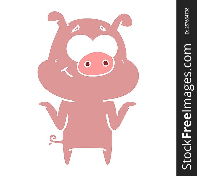 happy flat color style cartoon pig