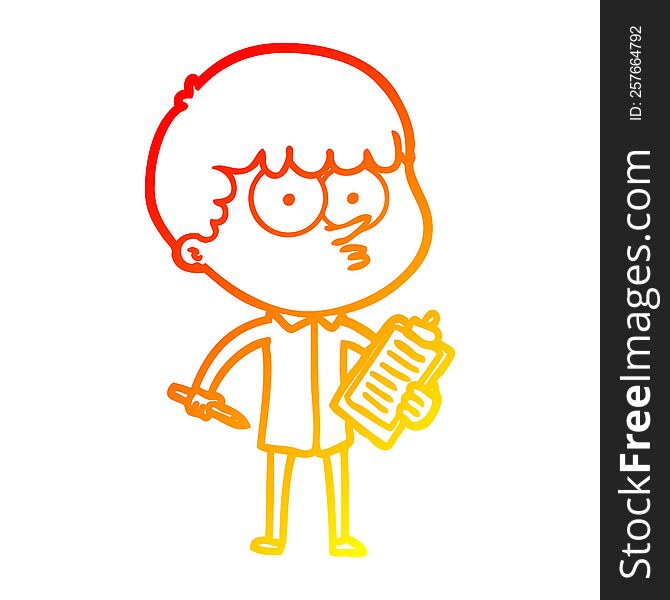 warm gradient line drawing of a cartoon curious boy taking notes