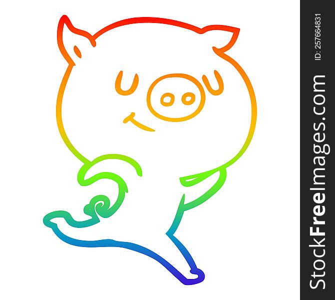 rainbow gradient line drawing of a happy cartoon pig running