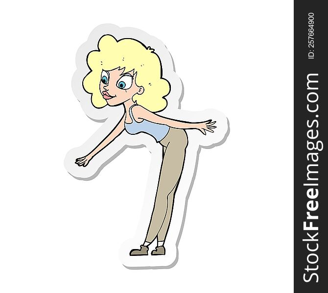sticker of a cartoon woman reaching to pick something up