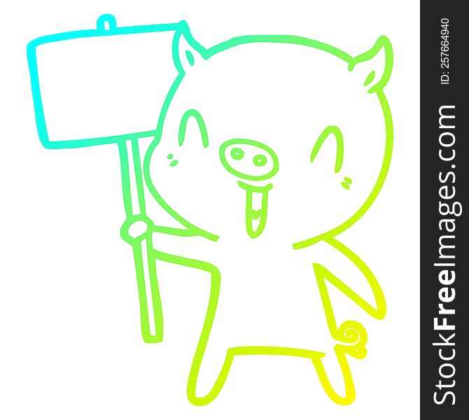 cold gradient line drawing of a happy cartoon pig with sign post
