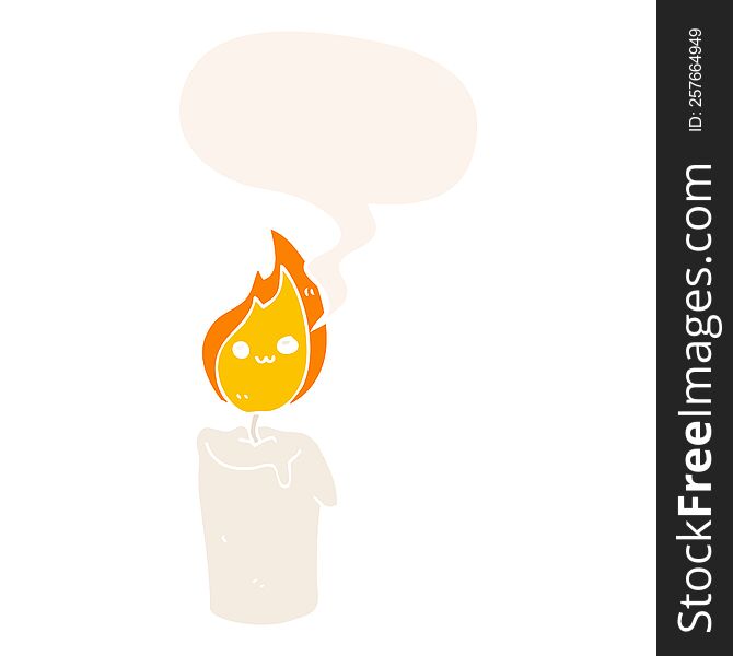 cartoon candle character with speech bubble in retro style